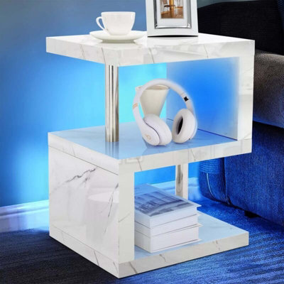 White With Marble Effect Abstract High Gloss LED Side Table