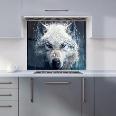 White Wolf Face Splashart Premium Glass Kitchen Splashback W600mm x H600mm