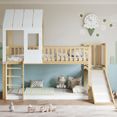 White & Wood 3ft High Sleeper Bed with Slide - 90x190cm Single Wooden ...