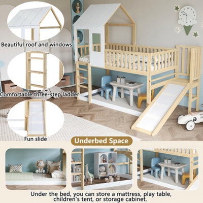 White & Wood 3ft High Sleeper Bed with Slide - 90x190cm Single Wooden ...