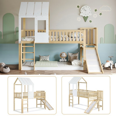 White & Wood 3ft High Sleeper Bed with Slide - 90x190cm Single Wooden ...