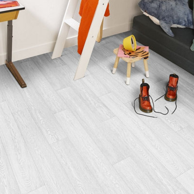 White Wood Effect Anti-Slip Vinyl Flooring For LivingRoom, 2.0mm Thick Cushion Backed Vinyl Sheet -1m(3'3") X 3m(9'9")-3m²