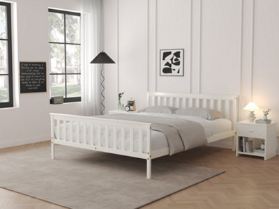 White Wooden Bed Frame King Size 5FT Shaker Style With Slatted Headboard & Footboard