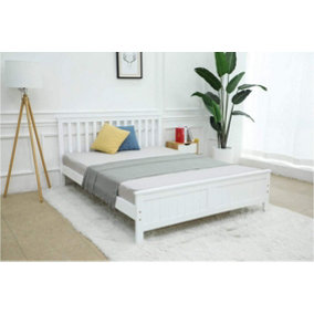 White Wooden Bed Frame Kingsize 5FT With Slatted Designed Headboard and Solid Plain Footboard Bed Frame