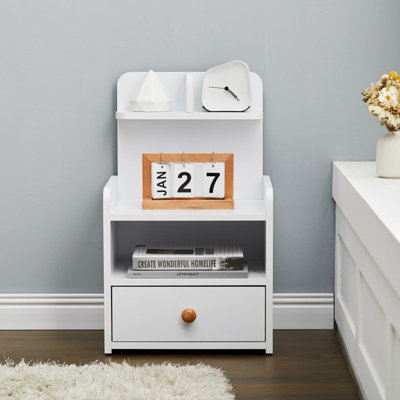 White Wooden Bedside Table Nightstand with 1 Drawer and Storage Shelf