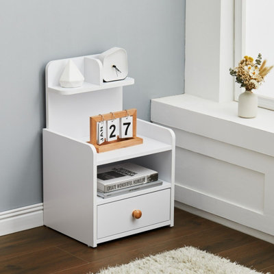 White Wooden Bedside Table Nightstand with 1 Drawer and Storage Shelf