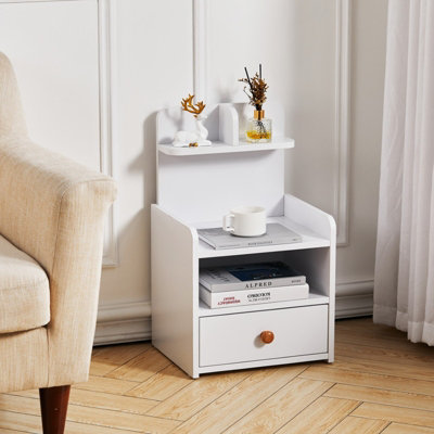 White Wooden Bedside Table Nightstand with 1 Drawer and Storage Shelf