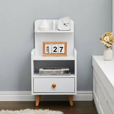 White Wooden Bedside Table Nightstand with 1 Drawer and Storage Shelf