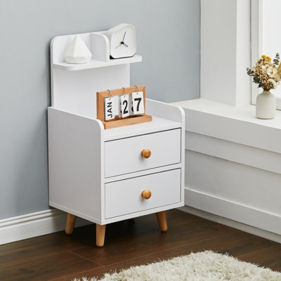 White Wooden Bedside Table Nightstand with 2 Drawer and Storage Shelf