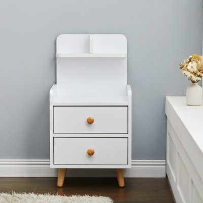 White Wooden Bedside Table Nightstand with 2 Drawer and Storage Shelf