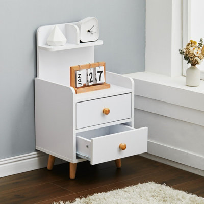 White Wooden Bedside Table Nightstand with 2 Drawer and Storage Shelf
