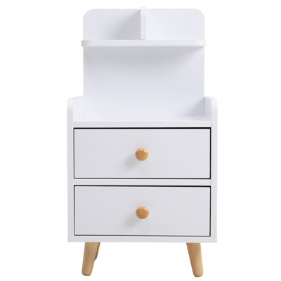 White Wooden Bedside Table Nightstand with 2 Drawer and Storage Shelf