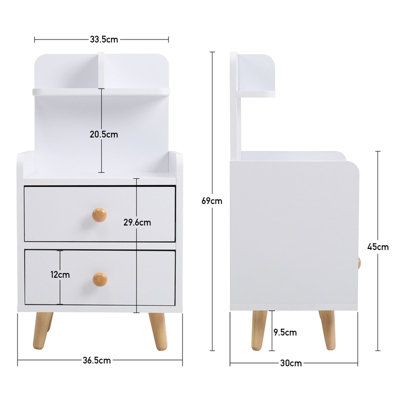 White Wooden Bedside Table Nightstand with 2 Drawer and Storage Shelf