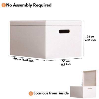 White Wooden Box With Lid (40x30x24cm) - Versatile Toy Box Organizer or Memory Box Storage Unit - Multi-Purpose Wooden Storage Box