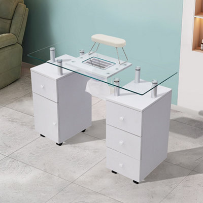 White Wooden Dressing Table Mirror Desk with 4 Castors and Dust Collector