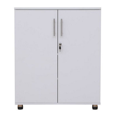 White wooden Filing cabinet with 2 shelves - 2 Door Lockable Filing Cabinet - Short wood Office Storage Cupboard Organiser