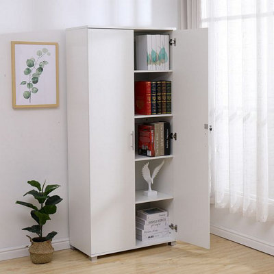 White wooden Filing cabinet with 4 shelves - 2 Door Lockable Filing Cabinet - Tall wood Office Storage Cupboard Organiser