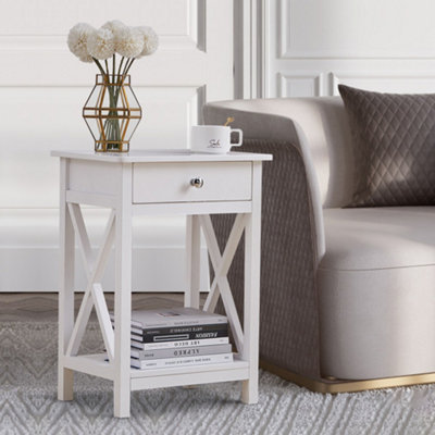 White Wooden One Drawer Bedside Table for Living Room 40cm W x 30cm D x 55.5cm H