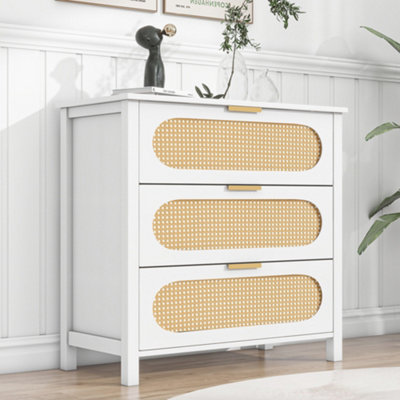 White Wooden Rattan Chest of Drawers (3 Drawers)