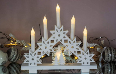 White Wooden Snowflake 6 LED Candle Bridge Arch Tower Battery Operated Festive Window Xmas Decoration