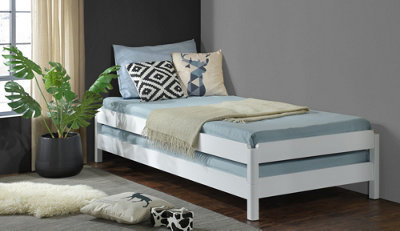 White Wooden Stacking Bed, 3in1 Guest Bed, 2 Layer Space Saving Bed Frame, Converts to 2 Single Day Beds