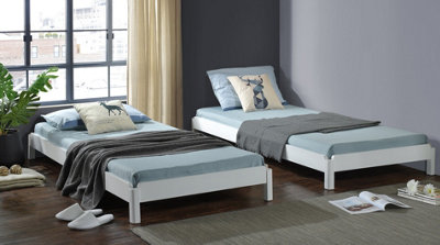 White Wooden Stacking Bed, 3in1 Guest Bed, 2 Layer Space Saving Bed Frame, Converts to 2 Single Day Beds