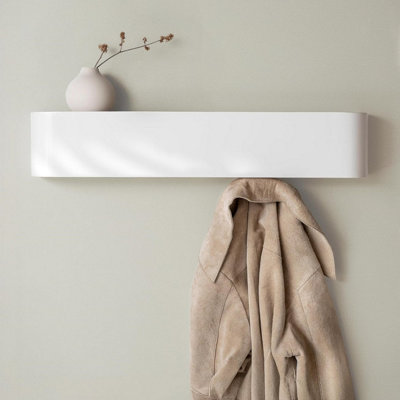 White Wooden Wall Shelf with Coat Hooks and Hidden Storage Hooks