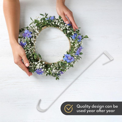 HiGift 2-Pack White Wreath Hanger Hooks – 15in Heavy Duty Metal, No Screws Needed