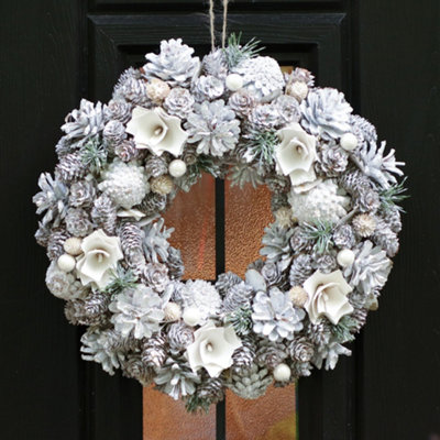 White Xmas Door Decoration Winter Autumn Wreath, Christmas Wreath 33cm