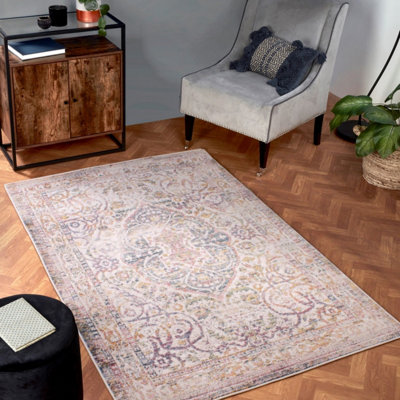 White Yellow Traditonal Abstract Floral Rug Easy to clean Dining Room ...