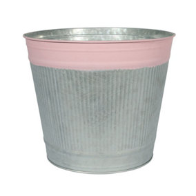 Whitewash Zinc Bucket with Pink Band. H20.5 cm