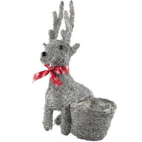 Whitewashed Sitting Reindeer Planter with Bow Scarf Christmas Decoration