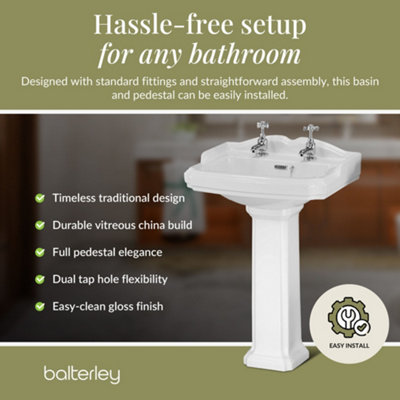 Whitgreave Traditional Bathroom Two Tap Hole Basin with Full Pedestal - 590mm