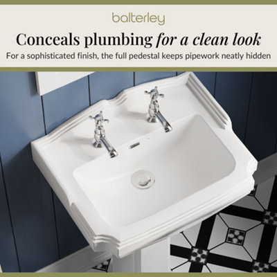 Whitgreave Traditional Bathroom Two Tap Hole Basin with Full Pedestal - 590mm