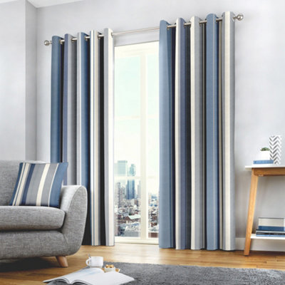 Whitworth Stripe Blue Fully Lined 100% Cotton Eyelet Curtains