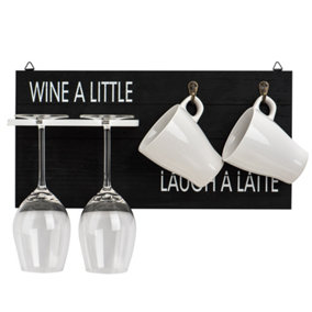WICKED GIZMOS Coffee Mug and Wine Glass Holder - Wall Mounted Frame Rack 'Wine A Little Laugh A Latte'  Hanging Bar Decor