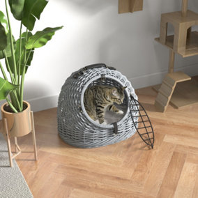 Wicker Cat Basket W/ Mat Handle Kitten Enclosed Bed Portable - Grey