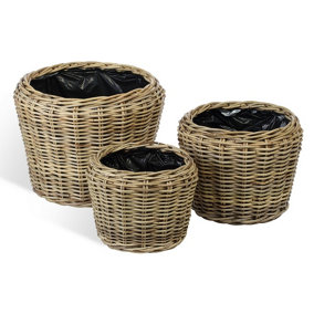 Wicker Lined Plant Baskets Natural rattan Set of 3 Stackable