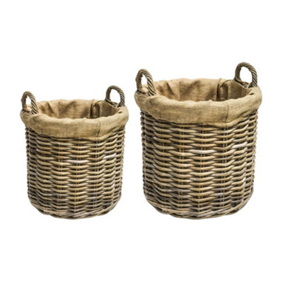 Wicker Log Basket Round Lined Set of 2