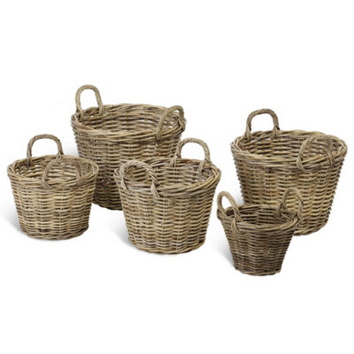 Wicker Log Storage Baskets Indoor Natural Rattan Set of 5 Stackable