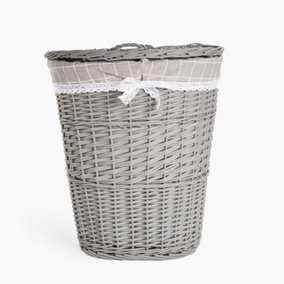 Wicker Oval Laundry Basket Bathroom Basket With Liner and Lid -Grey Finish