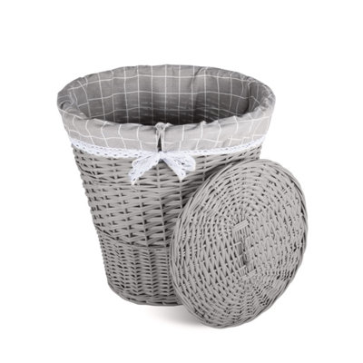 Wicker Oval Laundry Basket Bathroom Basket With Liner and Lid -Grey Finish