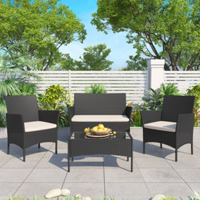 Wicker Rattan Furniture Set 4-piece with 2 Armchairs,1 Double seat Sofa and 1 table (Black)