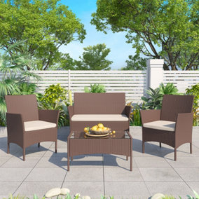Wicker Rattan Furniture Set 4-piece with 2 Armchairs,1 Double seat Sofa and 1 table (Brown)
