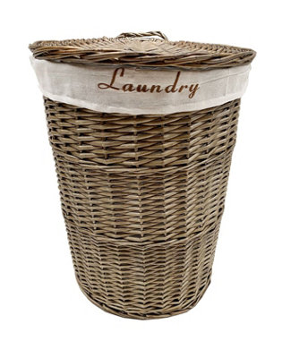 Wicker Round Laundry Basket With Lining Oak Brown Laundry Basket Medium 50x37cm