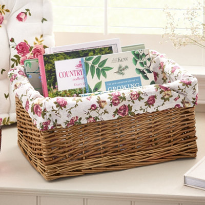 Wicker Storage Basket with Floral Print Lining Woven Willow Wicker