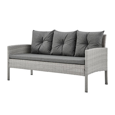 Wicker Style Garden Dining Set in Grey Footstools Sofa Chairs Table Black Glass Table Top - 3