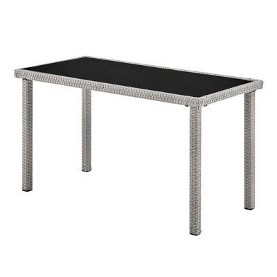 Wicker Style Garden Dining Set in Grey Footstools Sofa Chairs Table Black Glass Table Top - 6