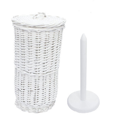 Wicker Willow Round Toilet Roll Holder With Lid And Stick White 37 x 21.5 cm