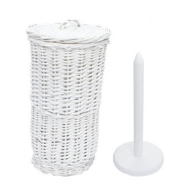 Wicker Willow Round Toilet Roll Holder With Lid And Stick White 37 x 21.5 cm